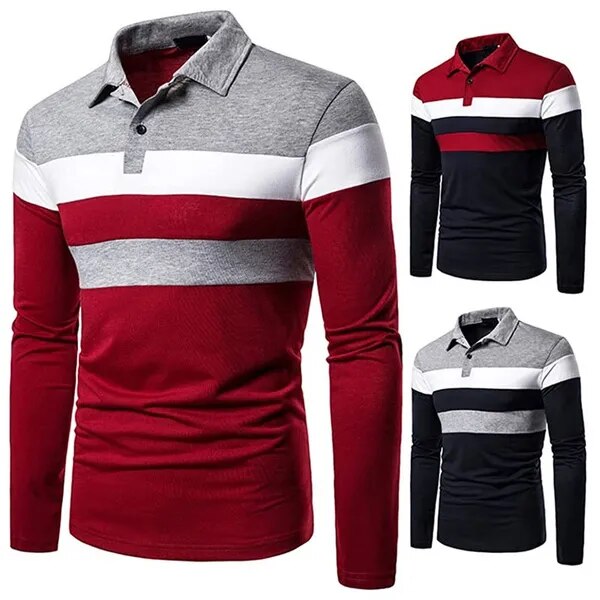 Men's Long Sleeve Contrasting Colors Polo T-shirt Casual Polo Shirts