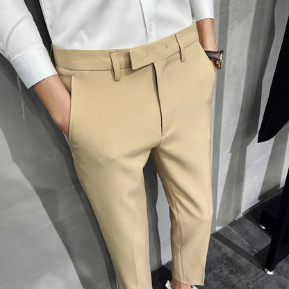 2022 Summer Fashion Mens Dark Green Suit Pants Pure Color Business Occupation Slim Fit Dress Office Ankle Trousers