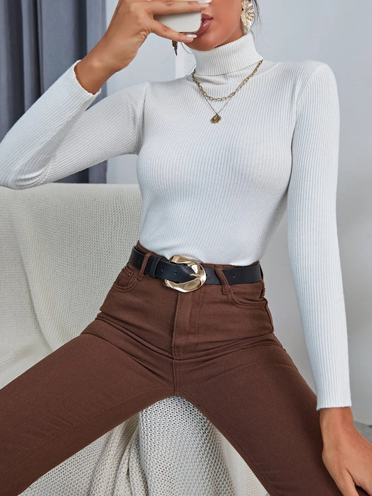 Autumn Winter Fashion Women Rib Knit Foldover Turtleneck Pull Sweater Casual Soft Jumper Stretch Pullover Top Bottoming Shirt