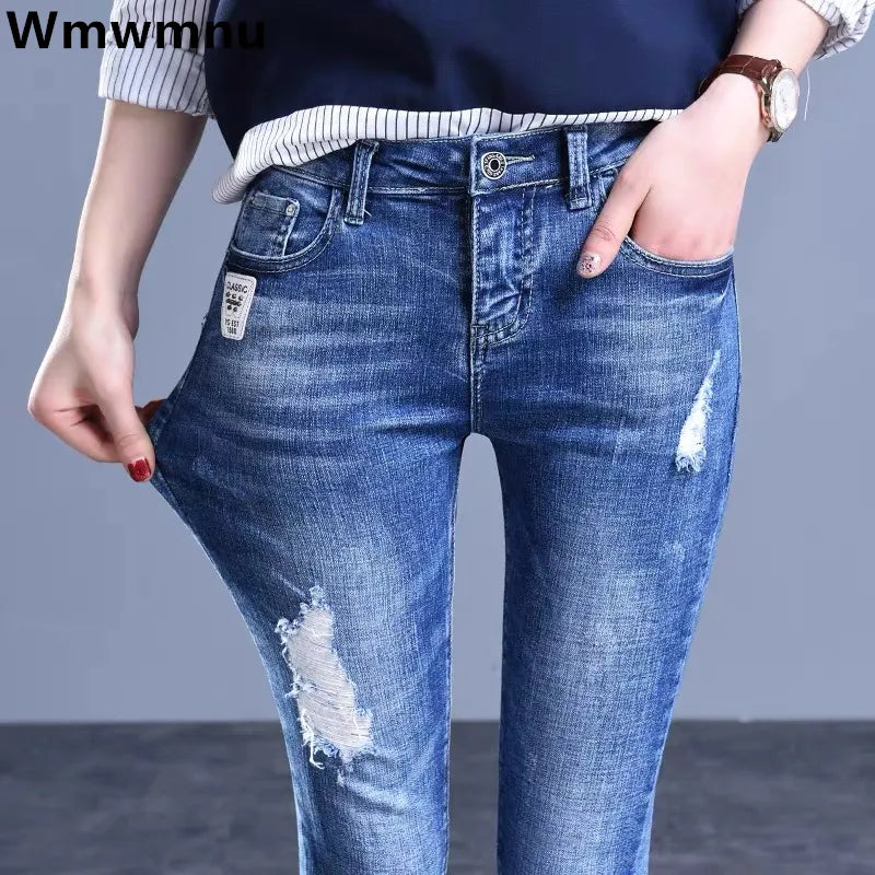 Streetwear Skinny Ripped Hole Jeans For Women 2022 High Waist Vintage Blue Pencil Denim Pants Korean Capris Slim Cowboy Trousers