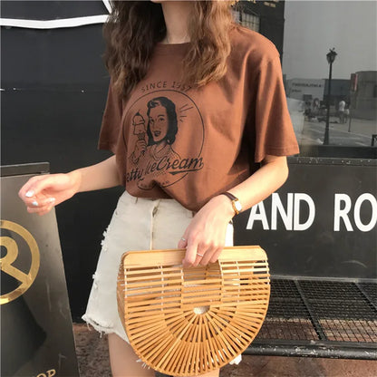 2023 Summer New Fashion Vintage Character Printed Casual Loose Short Sleeve Female T-shirts