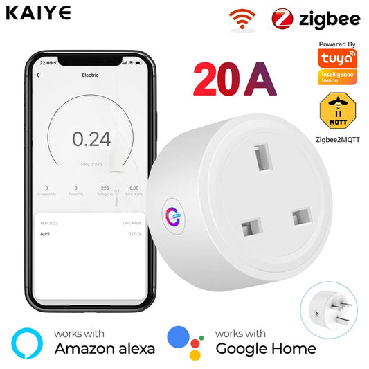 Tuya 20A Zigbee Smart Plug UK Socket Power Strip Mini Home Wireless Outlet with Energy Monitor Compatible with Alexa Google Home