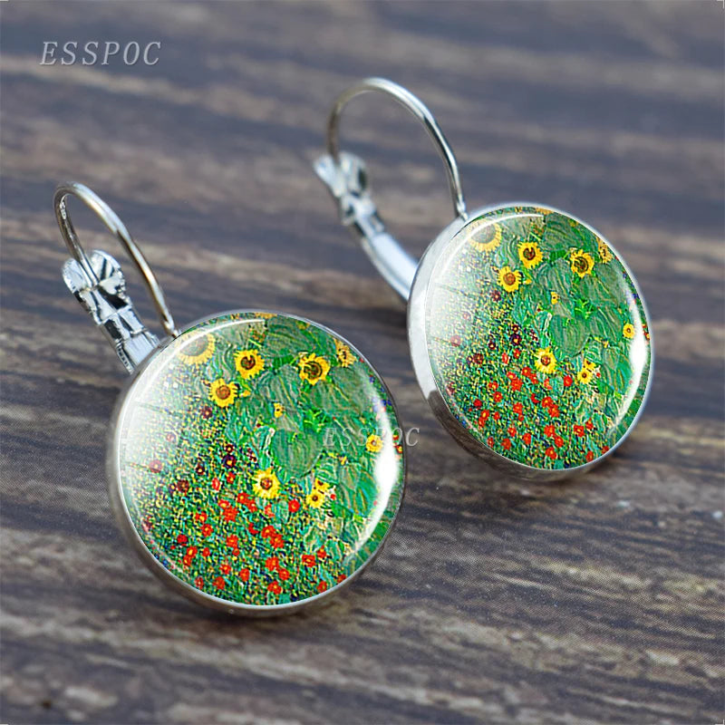 Fashion Silver Color Simple Style Earings Van Gogh Famous Artist Starry Night Stud Earrings Glass Cabochon Jewelry Women Gifts
