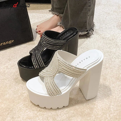 pearl white Chunky Platform Slippers Women Summer 2023 Slip-On Wedge Slide Sandals Woman Fashion Thick High Heel Sandles Ladies