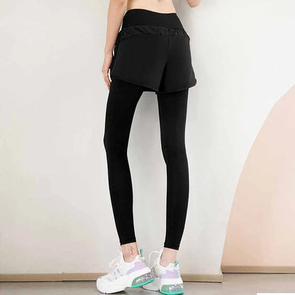 F.DYRAA Women's Gym Leggings Elastic High Waist Fake Two Pieces Yoga Pants With Pockets Sportswear Running Tights Gym Yoga Wear