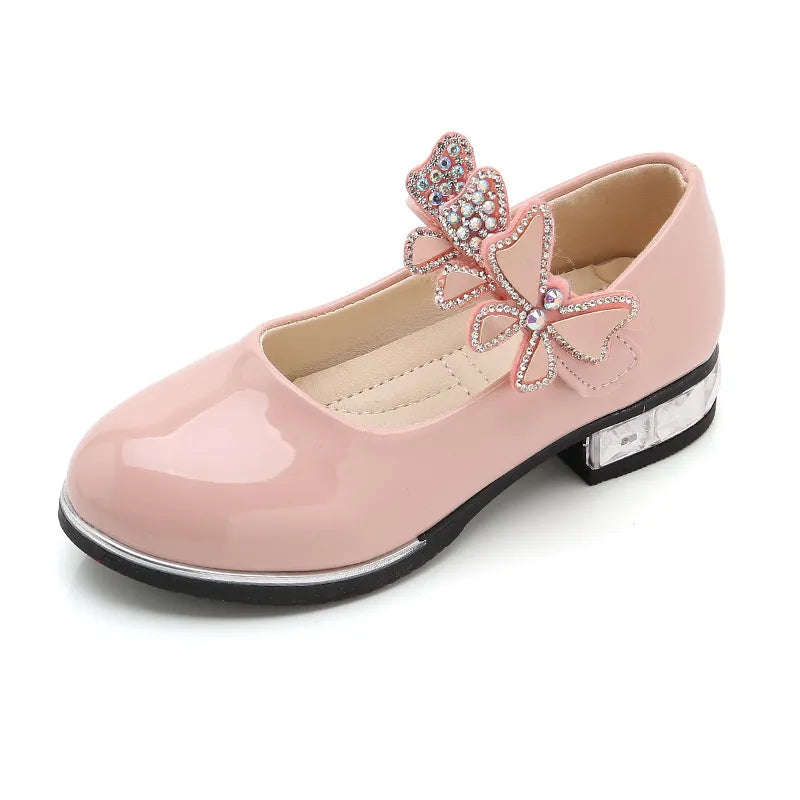 Girls Leather Shoes 2023 Spring Summer PU Patent Leather Kids Dress Shoes High Heels Butterfly-knot Dress Shoes for Wedding Chic