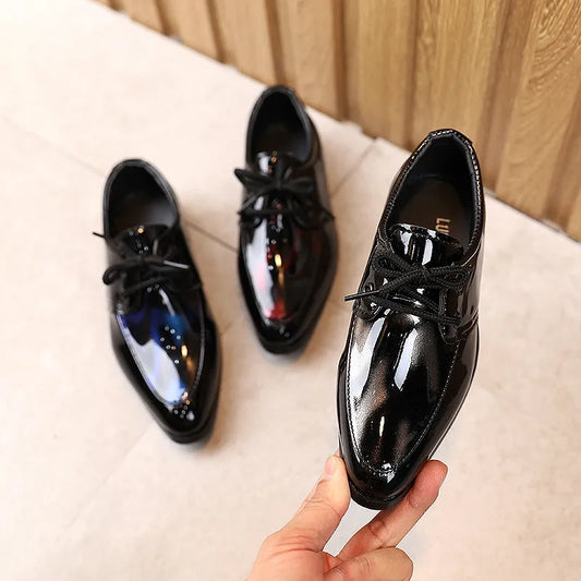 Children Patent Leather Shoes Fashion Pointed Toe Lace Up Boy Shoes Black Casual Dress Flats Comfortable Soft Sole Kids Shoes