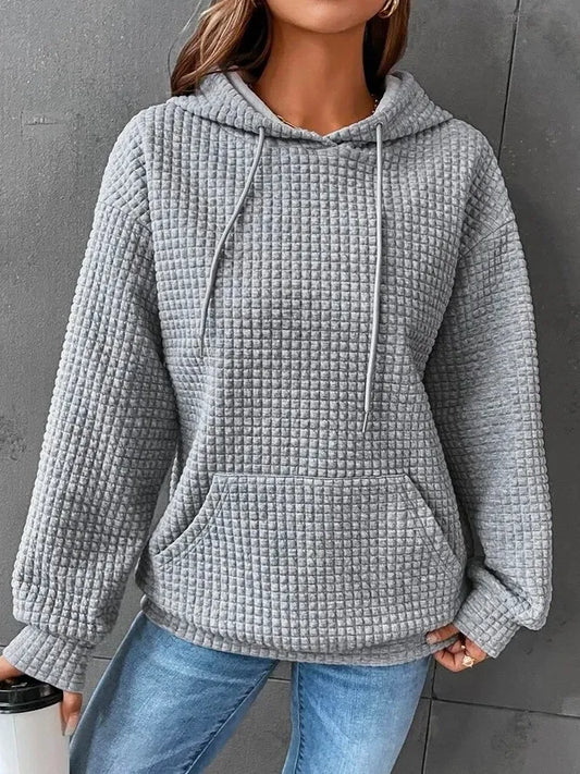 Women's Solid Color Sweatshirt Autumn/Winter Hooded Sweatshirt Waffle Round Neck Long Sleeve Sweatshirt