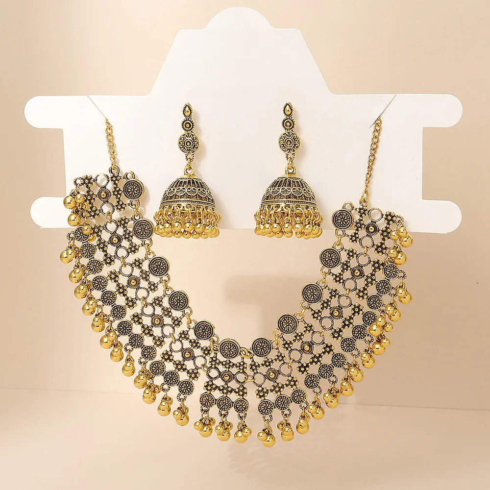 Ethnic Gold Color Hollow Geometric Necklace Earrings Set Vintage Wedding Bijoux Indian African Jewelry Sets for Women