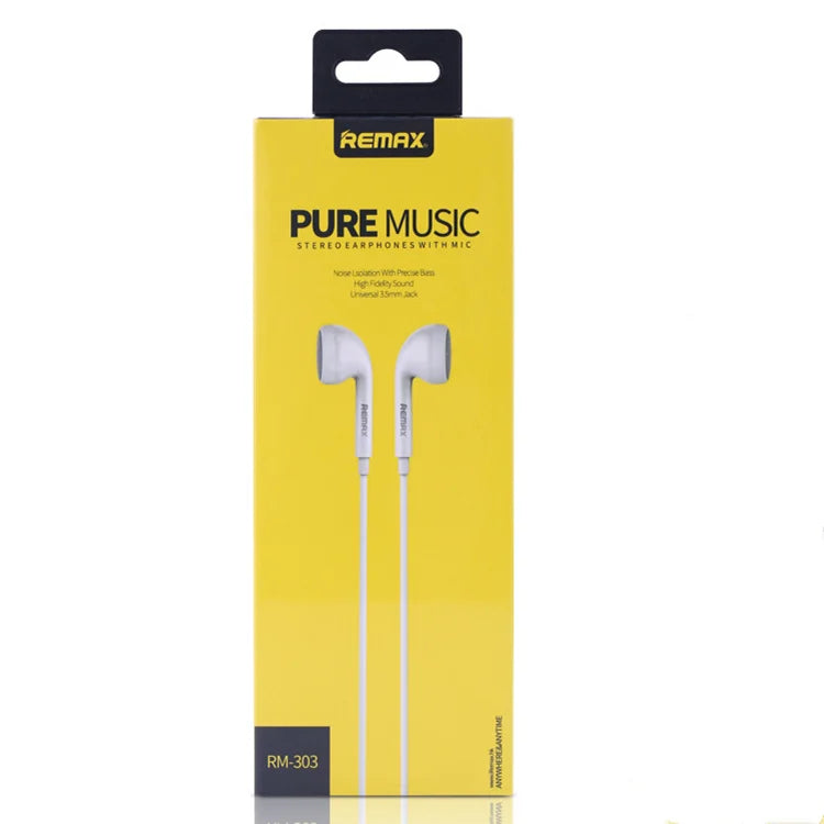 Remax Portable Earphone 3.5mm Jack In-Ear Bass Wire Headset Pure Music Stereo With Mic For Mobile Phones PC/Pad RM-303