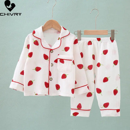 Kids Summer Thin Pajamas Sets New 2023 Boys Girls Cotton Linen Cartoon Long Sleeve Lapel Shirt Tops with Pants Baby Home Wear