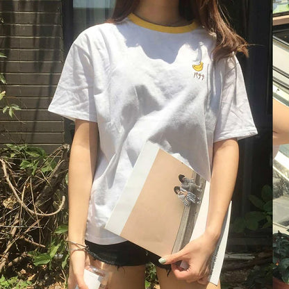 2023 Cotton Fresh Sweet Simple Regular Summer Fruit Embroidered College Wind Patchwork Loose Cotton Short Sleeve Female T-shirts