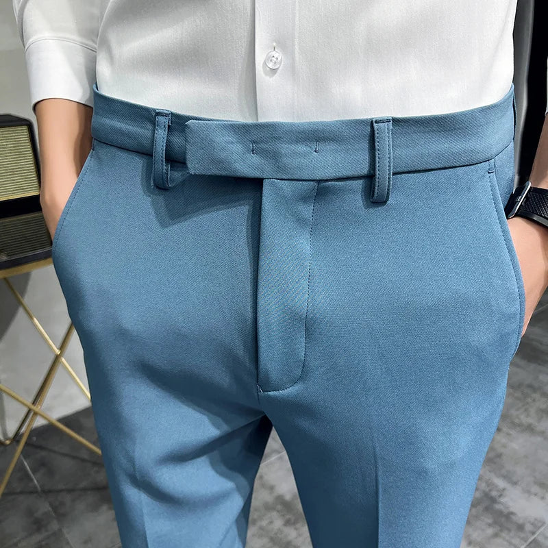 2022 Summer Fashion Mens Dark Green Suit Pants Pure Color Business Occupation Slim Fit Dress Office Ankle Trousers