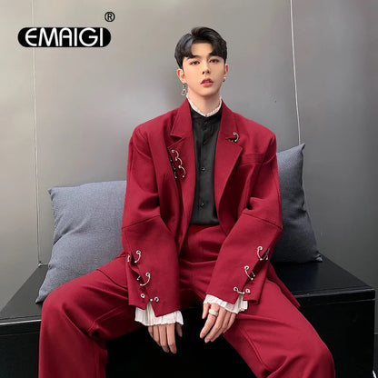 Men Streetwear Hip Hop Iron Ring Casual Blazer Jacket Male Vintage Fashion Suit Coat Spring Autumn Overcoat