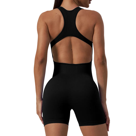 2023 New Yoga Jumpsuit Seamless Ribbed Sleeveless Shorts Sexy Cutout Backless Top Women Playsuit Gym Wear Summer Workout Clothes