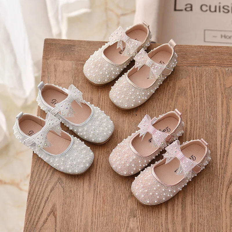 2023 New Girl's Princess Shoes Children's Fashion Bow Rhinestone Sequin Kids Shoe Baby Girls Party Student Flat Leather Shoes