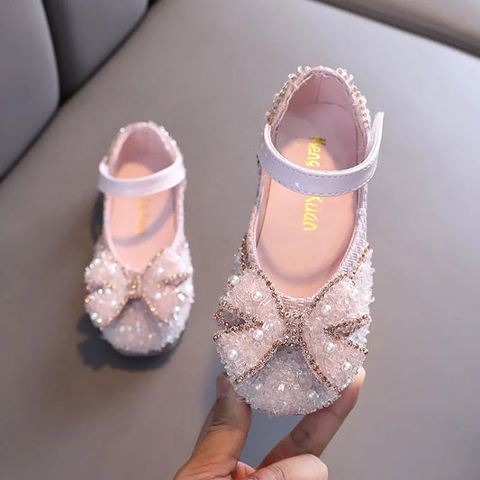 Little Girls Shoes Bow Princess Toddler Shoes Sequin Rhinestone Children Dance Shoes Flats Kids Shoes Weeding Party Girl Shoes