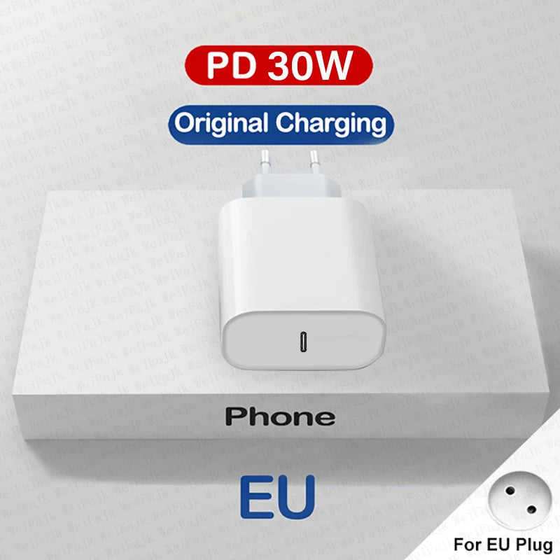 For APPLE Original PD 30W Type C Charger For iPhone 14 13 12 11 Pro Max Mini X XS XR 7 8 Plus iPad Fast Charging Lightning Cable