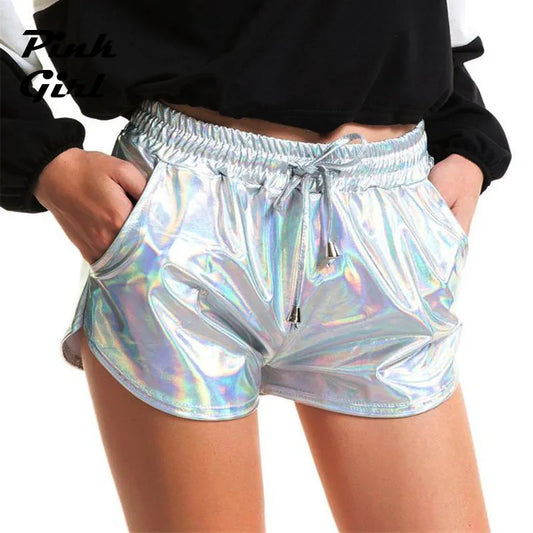Women Shiny Metallic Hot Shorts Holographic Wet Look Casual Solid Elastic Drawstring Festival Rave Booty Shorts 2022 Summer New