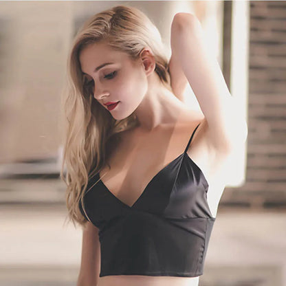 Sexy Satin Crop Tops Women Wireless Bralette Crochet Top Female Spaghetti Strap T-shirt Cropped With Chest Padded Camisole Camis