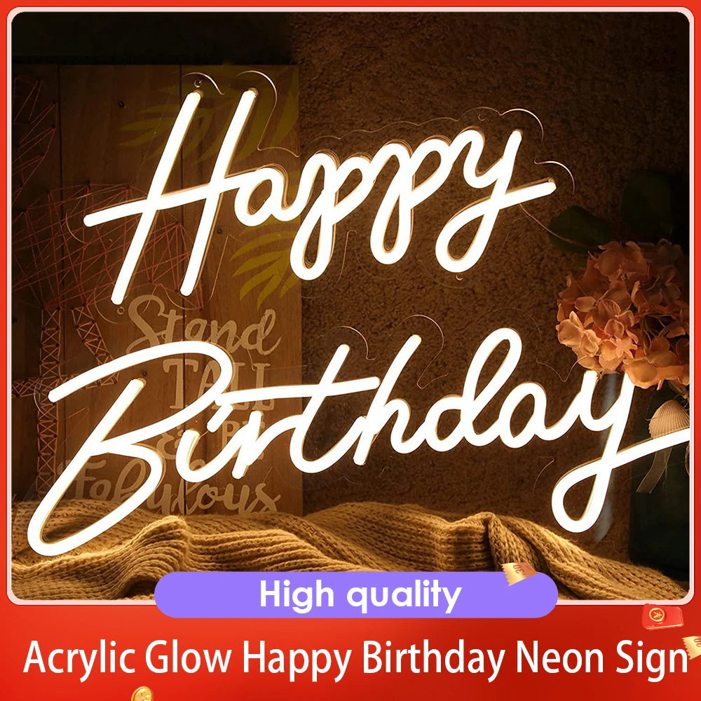 Happy Birthday Led Neon Light Transparent Acrylic Glow Happy Birthday Neon Sign  for Wedding Party Wall Hang Decor