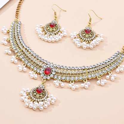 Indian Ethnic Bronze Plate Vintage Jewelry Set For Women Wedding Simulate Pearl Tassel Drop Earrings Red Crystal Choker Necklace