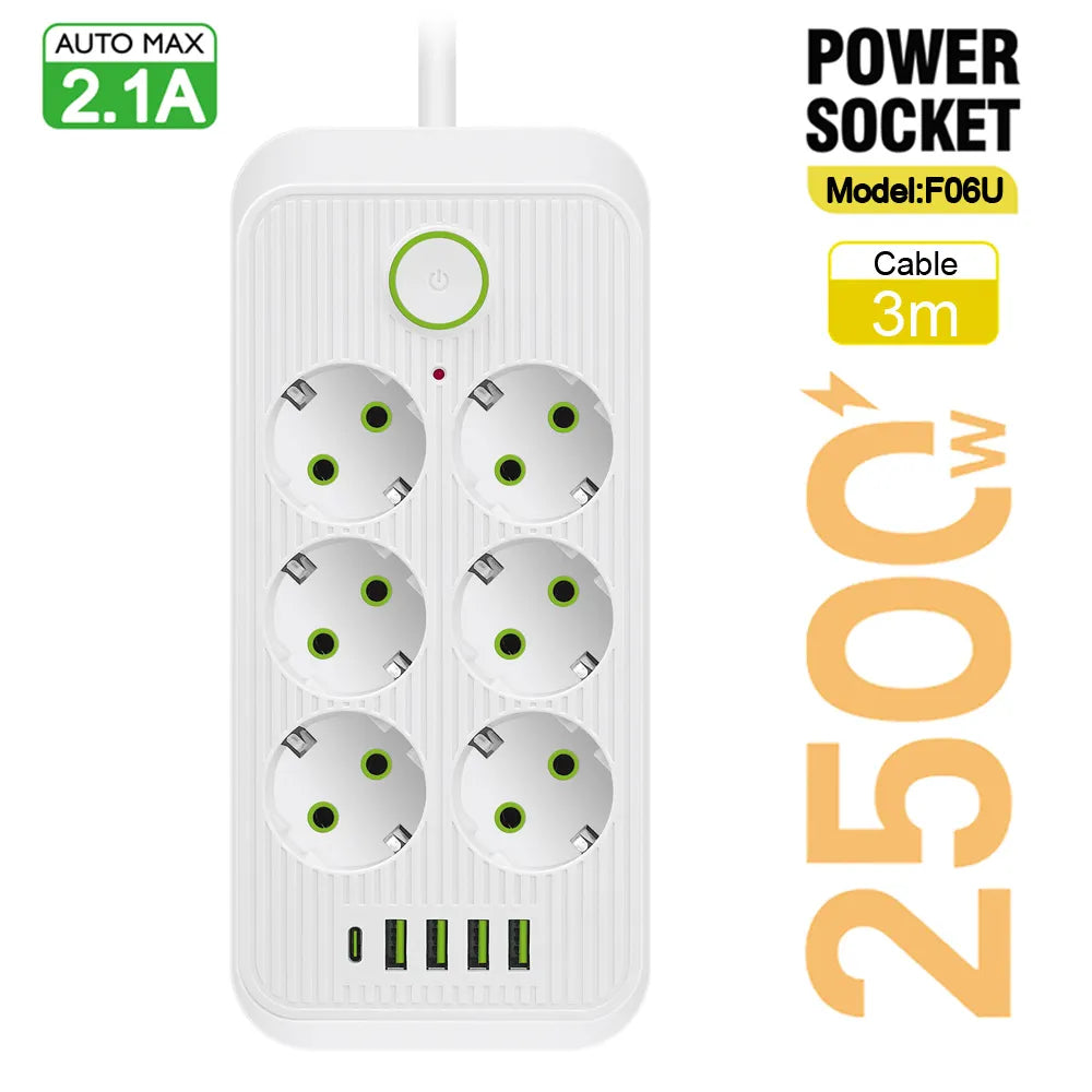 EU Plug AC Outlet Power Strip Multiprise Smart Home Extension Cord Electrical Socket 6 USB Port 3.1A Phone Charge Network Filter