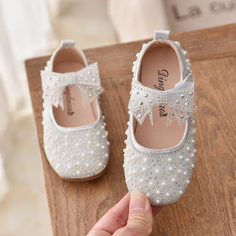 2023 New Girl's Princess Shoes Children's Fashion Bow Rhinestone Sequin Kids Shoe Baby Girls Party Student Flat Leather Shoes