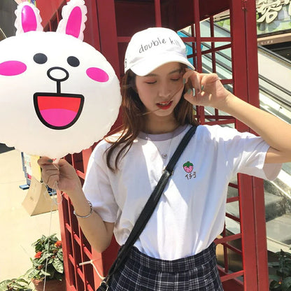 2023 Cotton Fresh Sweet Simple Regular Summer Fruit Embroidered College Wind Patchwork Loose Cotton Short Sleeve Female T-shirts
