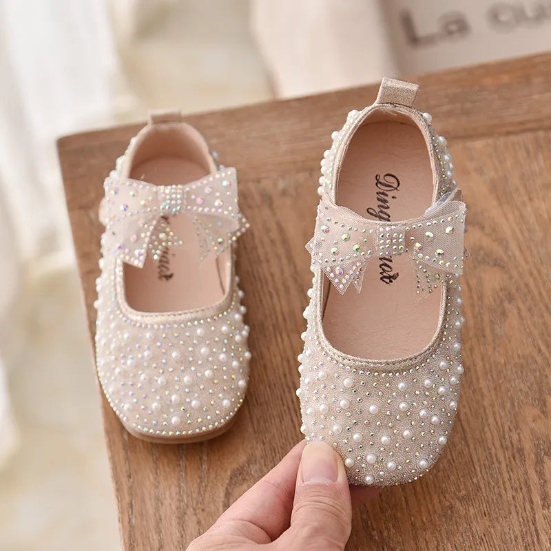 2023 New Girl's Princess Shoes Children's Fashion Bow Rhinestone Sequin Kids Shoe Baby Girls Party Student Flat Leather Shoes