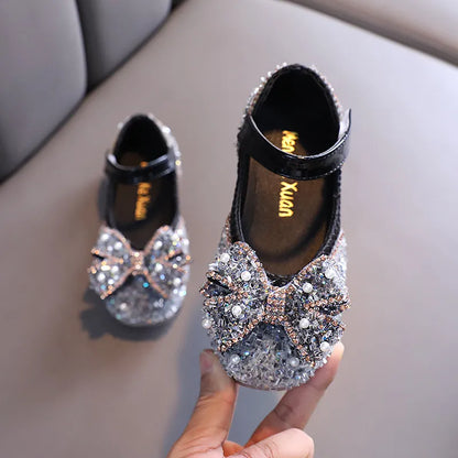 Little Girls Shoes Bow Princess Toddler Shoes Sequin Rhinestone Children Dance Shoes Flats Kids Shoes Weeding Party Girl Shoes