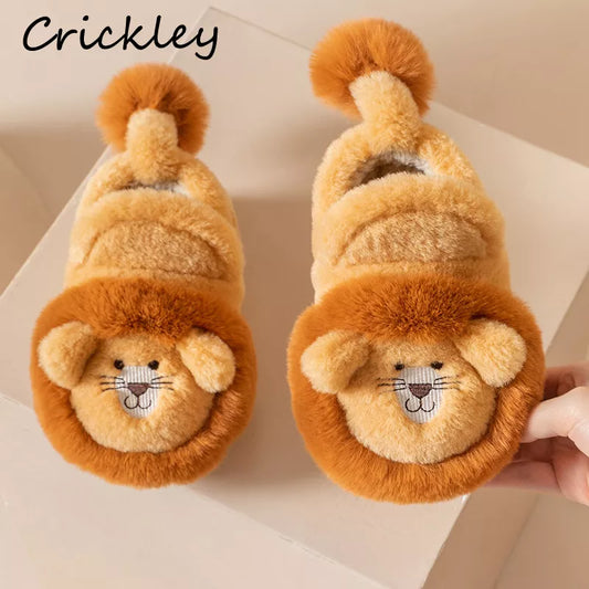 Cartoon Lion Children's Winter Shoes Cute 3D Animals Floor Slippers For Kids Flats Warm Plush Design Child Girls Boys Slippers