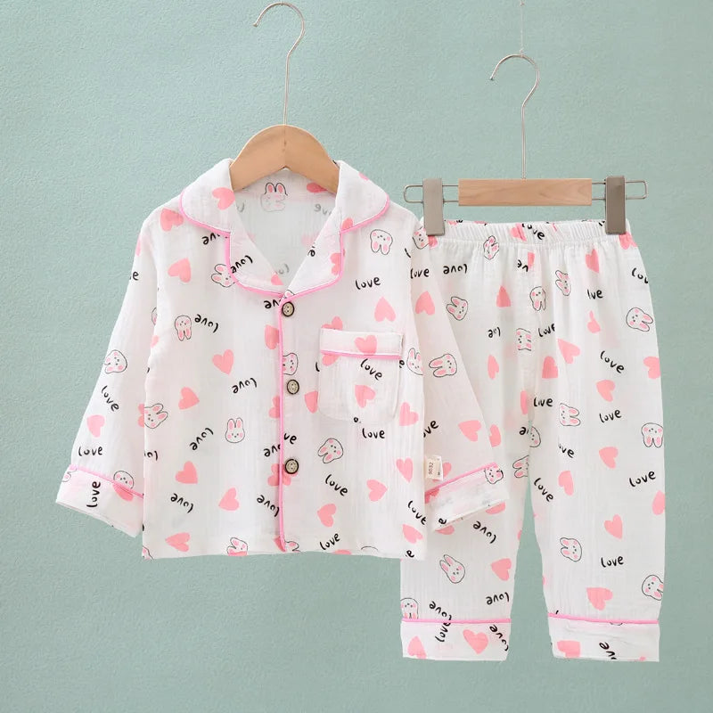 Kids Summer Thin Pajamas Sets New 2023 Boys Girls Cotton Linen Cartoon Long Sleeve Lapel Shirt Tops with Pants Baby Home Wear