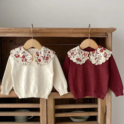 Autumn Newborn Sweaters Kids Knit Wear Kids Knitting Pullovers Tops Large Floral Collar Baby Girl Sweaters Kids Sweaters Cotton