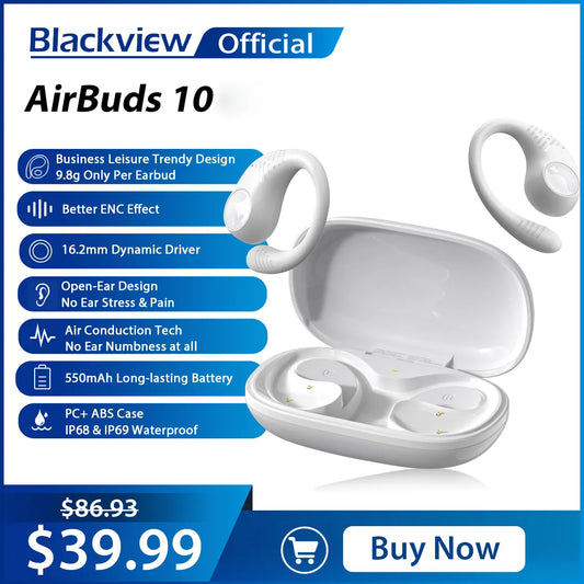Blackview Airbuds 10 True Wireless Stereo Headphones Sports Open Ear Air Conduction Bass Earphones Bluetooth 5.2 Earbuds Siri