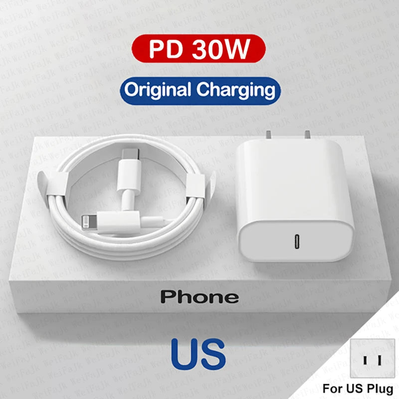 For APPLE Original PD 30W Type C Charger For iPhone 14 13 12 11 Pro Max Mini X XS XR 7 8 Plus iPad Fast Charging Lightning Cable