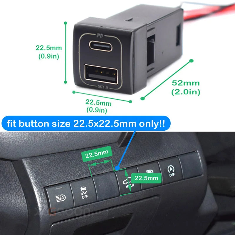 PD3.0 ( Type-C ) & USB QC3.0 Mobile Phone Quick Car Charger for Toyota Camry Corolla Rav4 Prado 2019 2020 2021